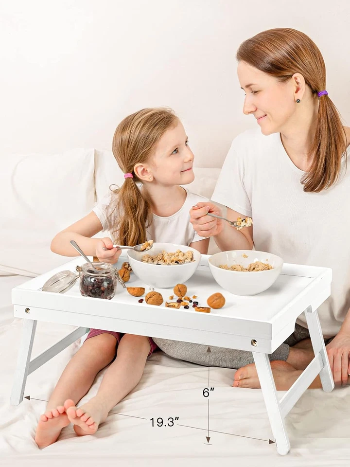 White Bamboo Bed Tray for Breakfast, Snack Table with Folding Legs, Multipurpose - Image 2 of 4
