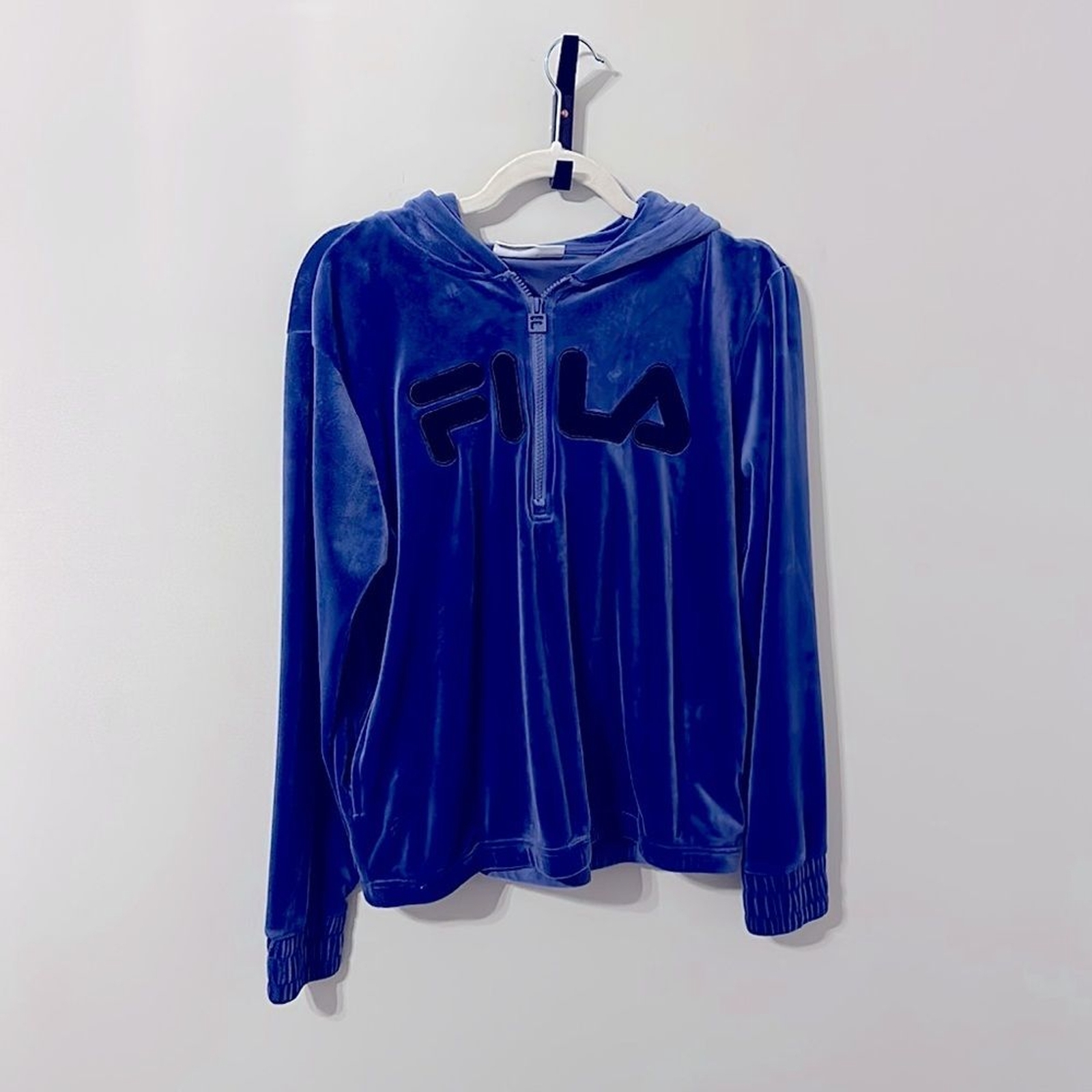 Felpa con cappuccio FILA blu viola velluto 3 4 zip tasche anteriori grande