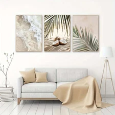 Sea Posters Set of Three Frameless Beach Canvas Photo  Prints Wall Art Decor