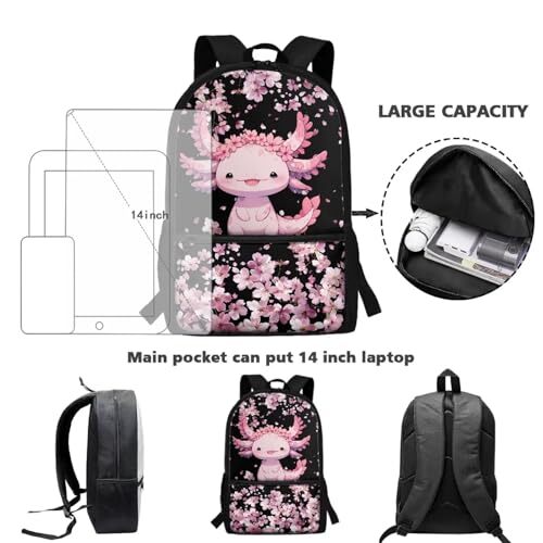 Yuuxorilu Kids Backpack Set - Cherry Blossom & Axolotl Print, Waterproof Bookbag + Lunch Bag + Pen Case - View #8