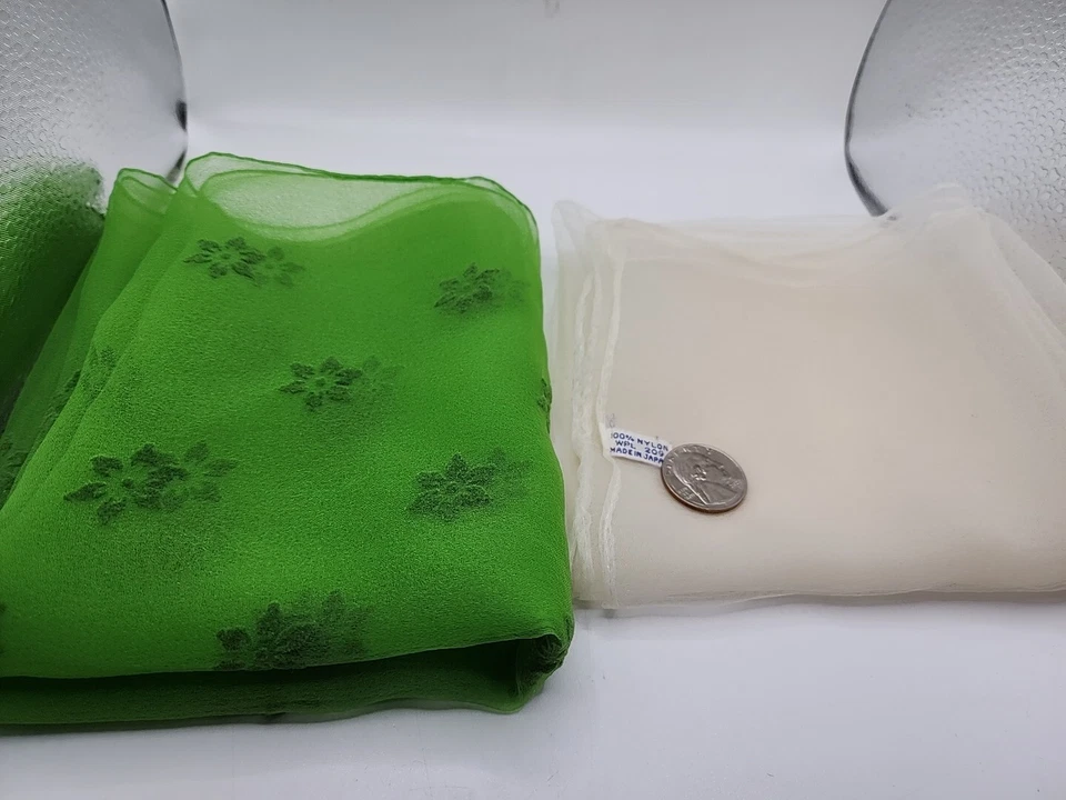 Vintage Scarves Lot Of 2 Nylon Japan Sheer White 22" Square Green Flowers Oblong - Image 4 of 4