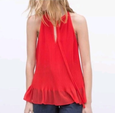 Zara- Halter Neck Pleated Sleeveless Red Top blouse Size S Small