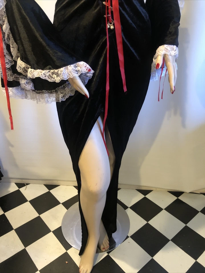 Vestido Largo Charades Drácula Halloween Terciopelo Negro Encaje Mangas Largas Campana L Foto 4 de 4