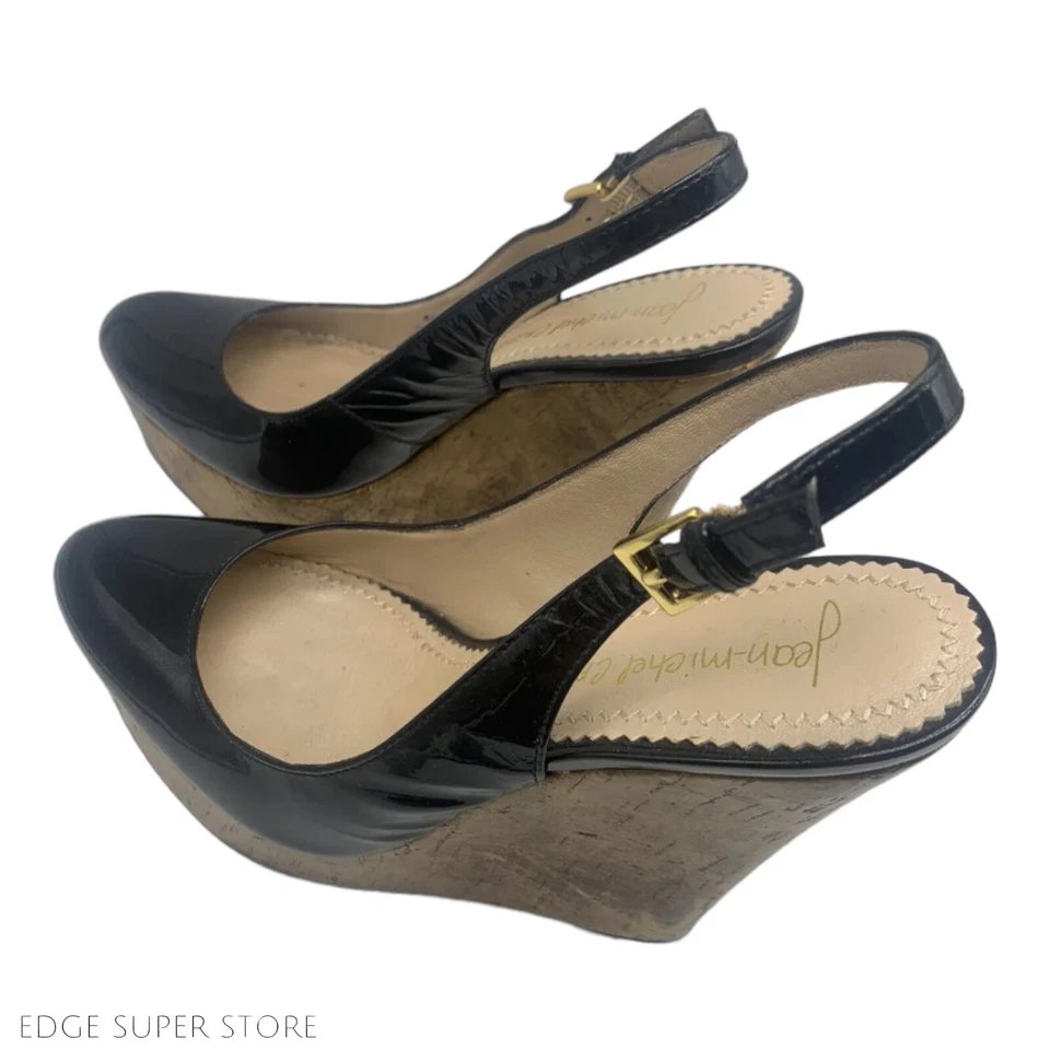 Tacones de cuña Jean-Michel Cazabat Talisa charol negro dorado 38,5 EE. UU. 8,5 Foto 3 de 4