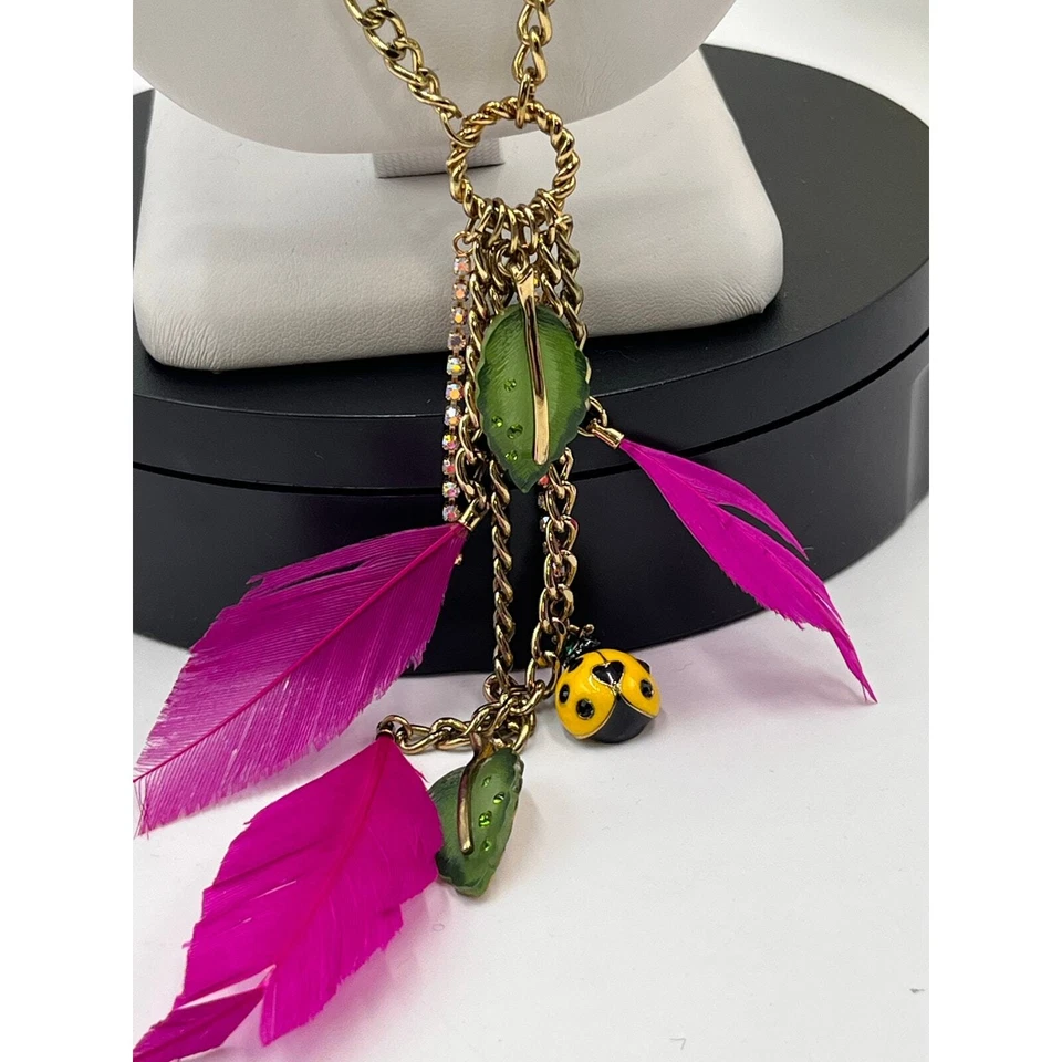 Betsey Johnson HAWAIIAN LUAU Ladybug Leaf & Pink Feather Y Necklace - Image 3 of 4