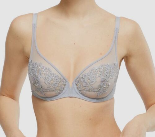 $120 Simone Perele Women's Gray Saga Sheer Plunge Underwire Bra Size 32B