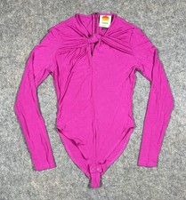 Farm Rio Hot Pink Long Sleeve Bodysuit Women  s XS Knot Twist Zip Close Bright