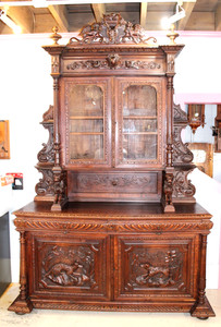 French Hunt Scene Oak Louis XIII Buffet Sideboard Hutch | Antique Furniture