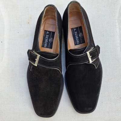 A. Testoni BLACK LABEL ITALY Black Suede Leather Mens 9 F Dress Shoes Monk Style