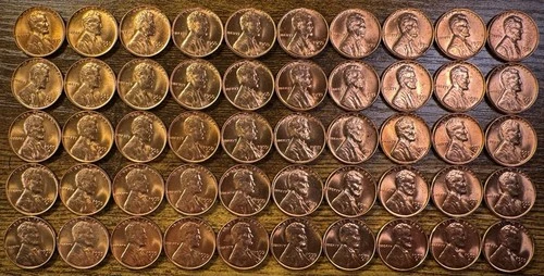 1955-D Lincoln Wheat Cent Penny RED LUSTROUS Uncirculated Roll Of 50 Coins