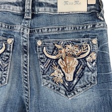 Miss Me Youth Mid Rise Boot Jeans Embellished Bull Skull Pockets Sz 14 Rodeo