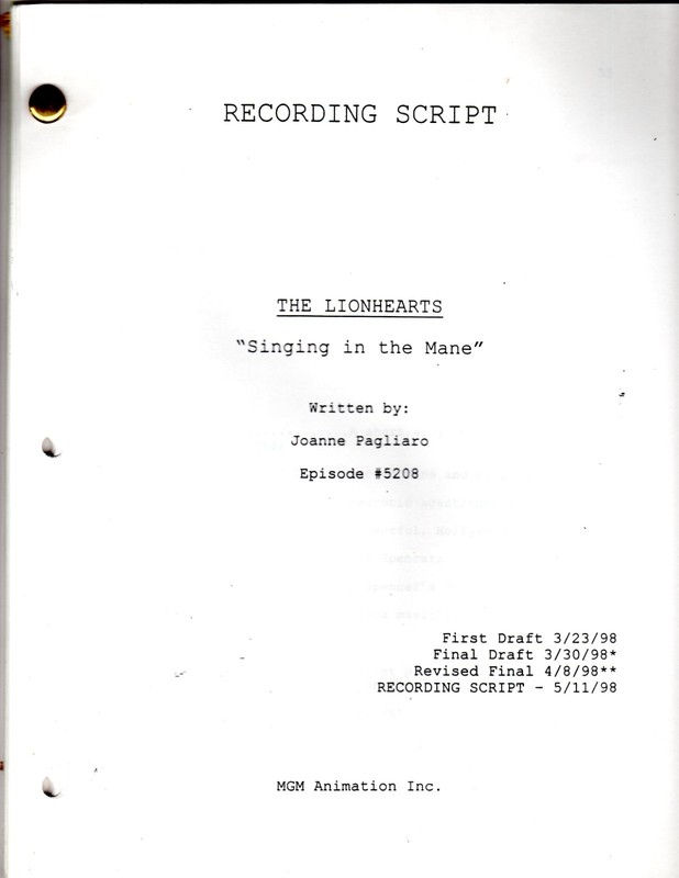 The Lionhearts Original Recording Script #5208 "Singing In The Mane" 5/11/1998