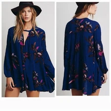 Free People Electric Orchard Mini Dress Tunic Blue Floral  Boho size small
