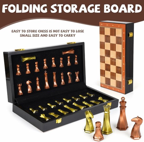 Elegant Metal Chess Set - 15" Marbled Wooden Board - Modern Metal Chess Pieces - Picture 6 of 6