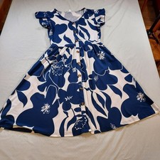 Women's blue & white floral mini dress, elastic waist, cap sleeves, pockets, med