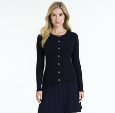 ST. JOHN SPORT Navy Blue Gold Open Rib Knit Cardigan Sweater Top Jacket XL  16