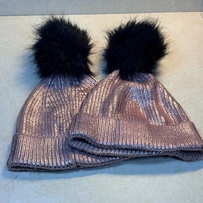 Steve Madden Womens Rose Gold Metallic Ribbed Beanie Black Pom Pom Lot of 2 OS