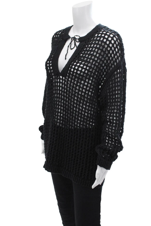 Suéter James Perse para mujer manga larga cuello en V tejido abierto negro algodón talla 3 Foto 2 de 4