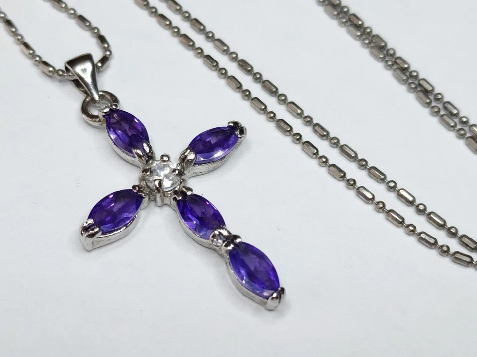 Collar de cadena con colgante de cruz relleno de oro de 18 quilates cristal púrpura 18" Foto 2 de 4