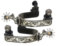Western Black Steel Spurs - Silver Floral Overlay - Men's or Women's