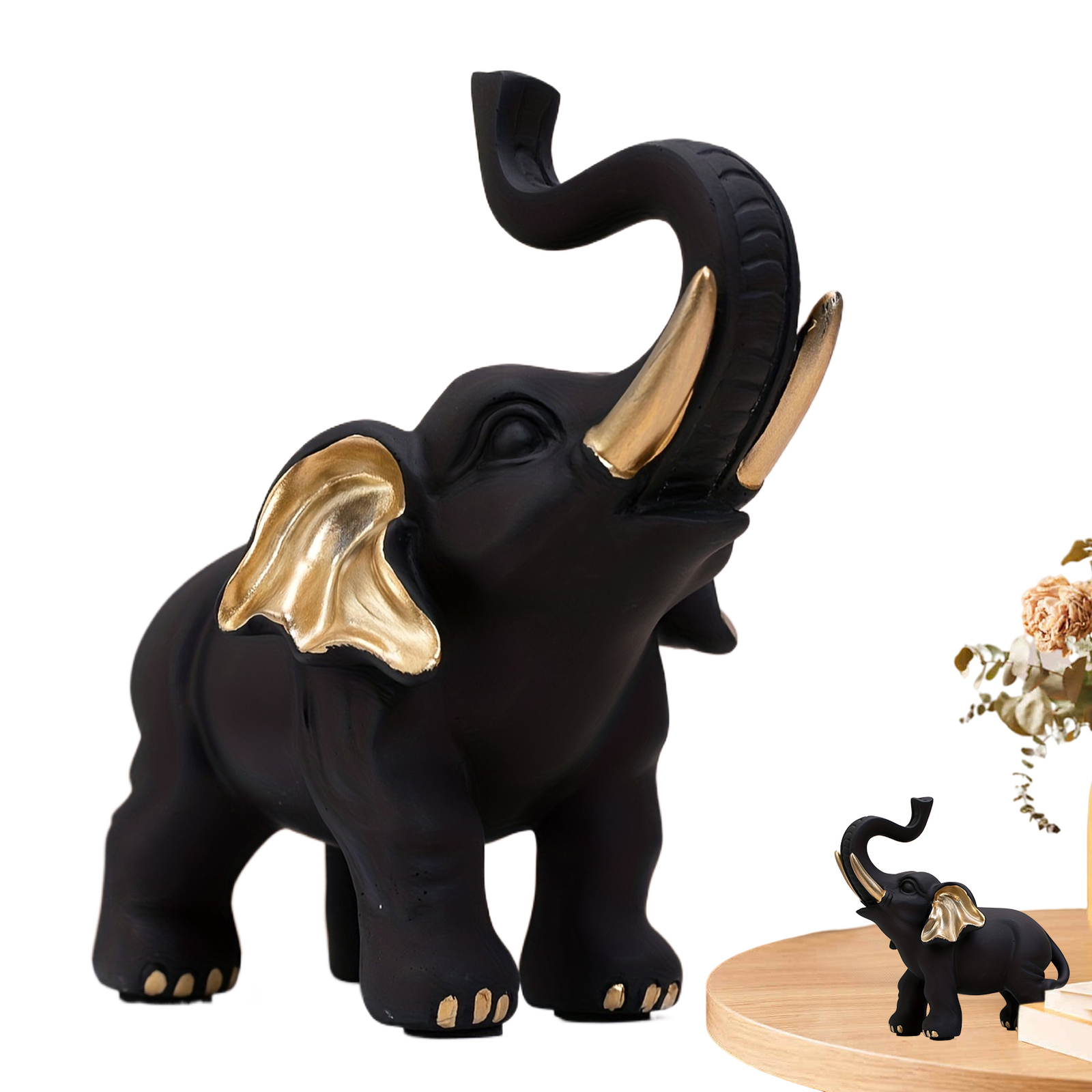 Elephant Statue Black Gold Idol Home Decor Resin Lucky Elephant Sculpture