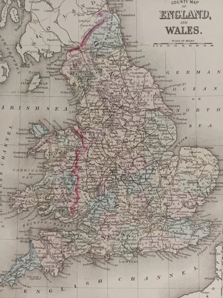 Mapa del condado de Mitchell's Atlas de Inglaterra y Gales de 1873 auténtico coloreado a mano  Foto 3 de 4