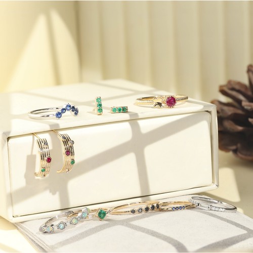 14K Gold VS/F-G Diamond Ruby Emerald Blue Sapphire Gemstone Half Hoop Earrings - Picture 5 of 10