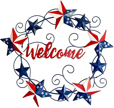 Rustic Americana Star Hanging Metal Patriotic Welcome Sign Wall Door Decoration