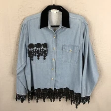 Vintage Sweet Pea Top Women Large Blue Denim Black Lace Western Boutique