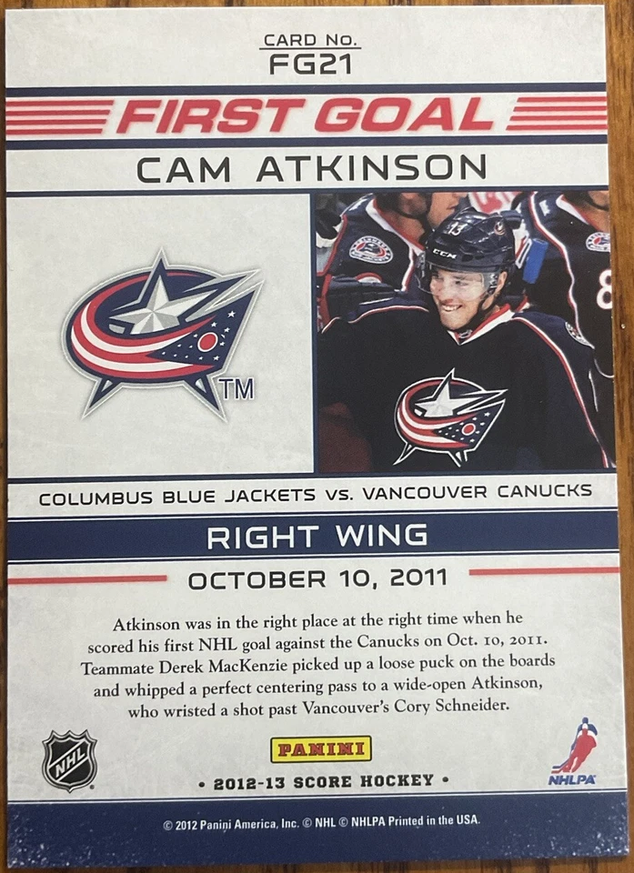 2012-13 Score First Goal Cam Atkinson #FG21 Columbus Blue Jackets - Image 2 of 2