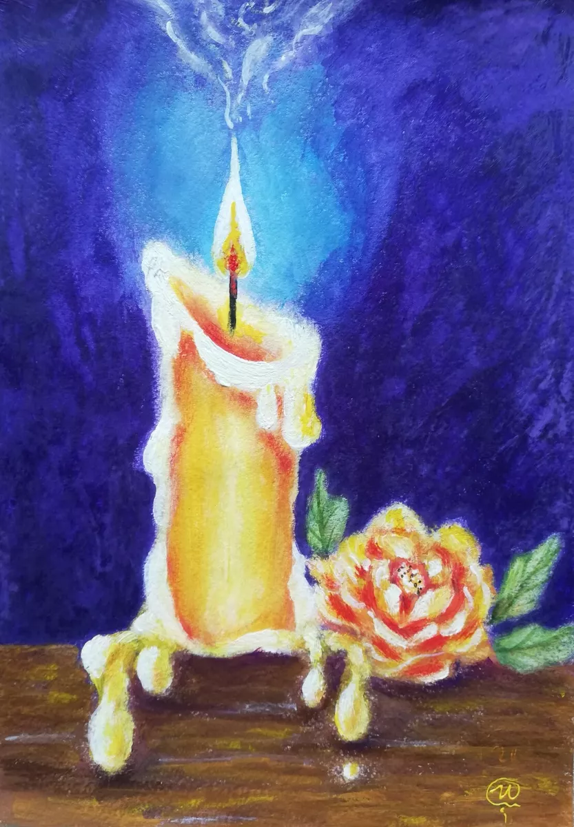 Original Painting Candle And Rose Impressionism Artwork -Handmade Wall Art  8x12