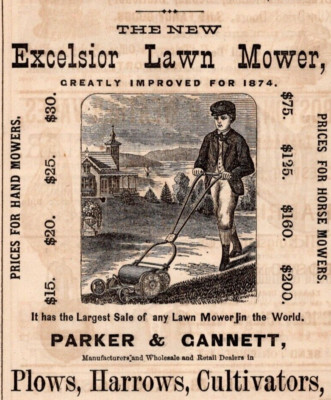 1875 Excelsior Lawn Mower PARKER & CANNET Plows Cultivators Harrows BOSTON MA