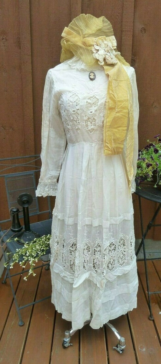 edwardian garden party dress Early Vintage 1900's Edwardian cotton GARDEN PARTY Tea dress Embroidered lace