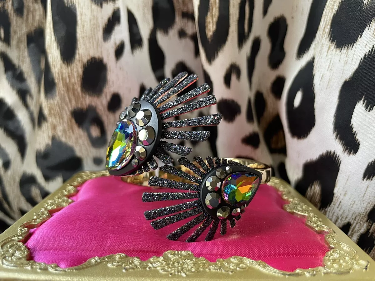 Betsey Johnson Shake It Off Black Peacock Feather Glitter Hinged Bangle Bracelet