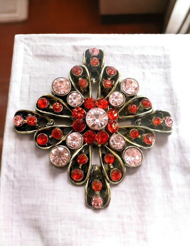 Vintage Sparkling Cherry Red & Bright Pink Rhinestone Metal Brooch