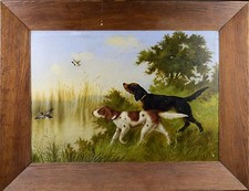  Gemälde Öl Leinwand signiert Michelangelo Meucci 1904 Tierstillleben Jagd Hunde