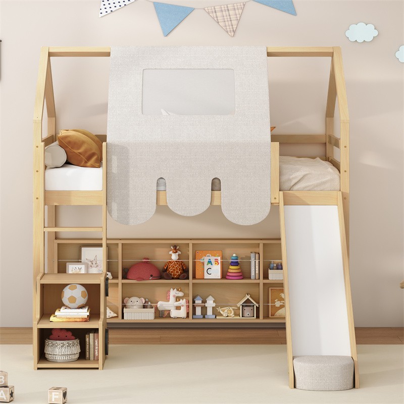 Twin Size Wooden House Loft Bed with Tent and Fun Slide for Kids,Natural+Beige