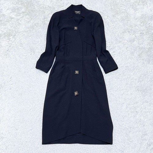 CHANEL 90S Vintage Coco Mark Leather Button Linen Dress