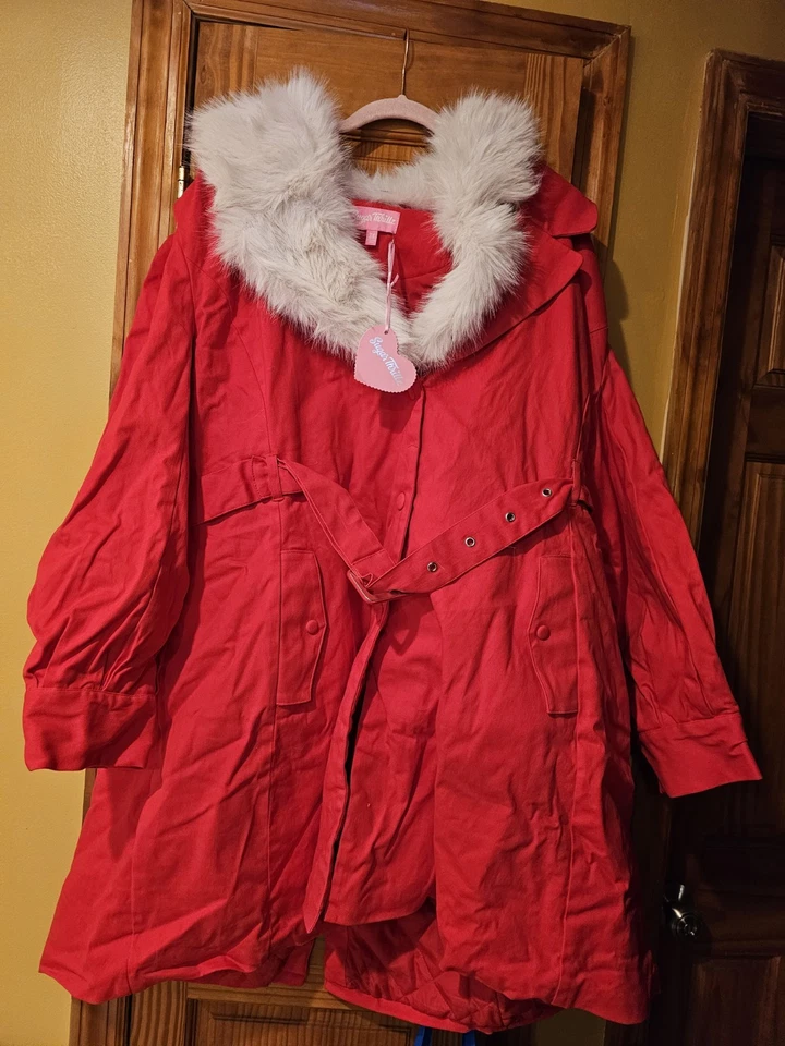 Sugar Thrillz Santa Baby gabardina de piel sintética con cinturón mujer talla grande 3x rojo nuevo Foto 3 de 4