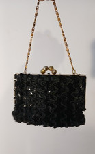 Black VINTAGE Sequin Clutch PURSE with Gold tone Metal Chain Beaded Clasp