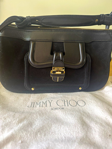 Jimmy Choo Women’s Black Satchel Top Handle Bag Zip Buckle Gold Hardware Dust