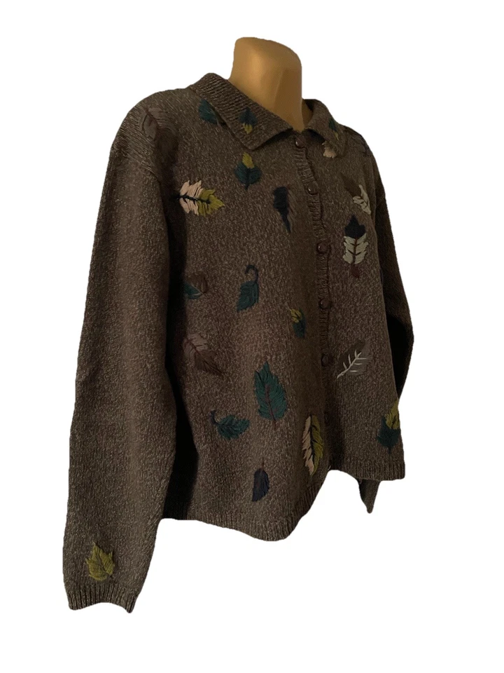 Vintage Dress Barn Embroidered Fall Leaves Knit Wood Button L Cardigan Sweater - Image 2 of 4