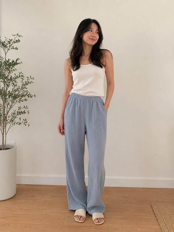 Belle by Kim Gravel Women's Cotton Gauze Pull On Pants Chambray SZ Large Pockets