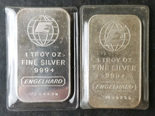 Two Engelhard 1oz Silver Bullhorn Bars in Plastic Envelopes