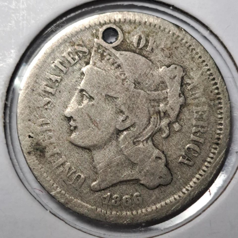 1866 3 CENT NICKEL **CIRCULATED - HOLED** FREE SHIPPING!! - Image 4 of 4
