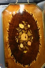 Vintage Italy Brass Wood Marquetry Floral Inlay Tray 11.5"x21." w/ Handles GA