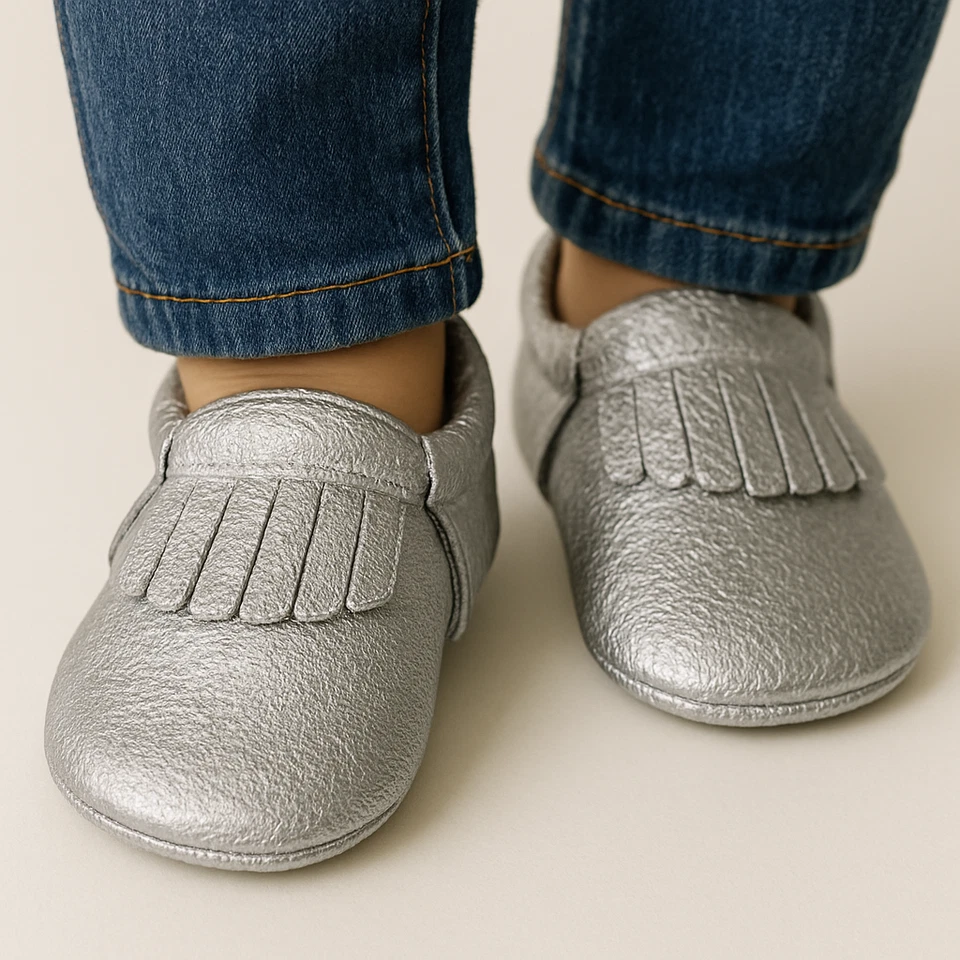 Mocasines de bebé de cuero genuino plateado nuevos con etiquetas - 6-12 meses Foto 2 de 4