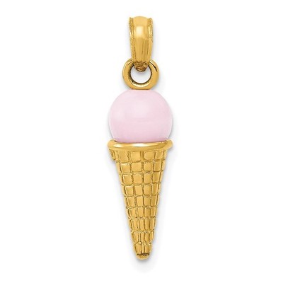 14k Gelbgold Satin Poliert 3D Rosa Quarz Eiscreme Kegel Anhänger