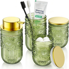 Green Sunflower Glass Bathroom Accessories 4 Pcs, Green Bathroom Set, Soap Dispe
