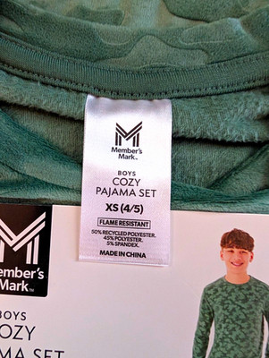 Member's Mark Boys Cozy Pajama Set XS Green 2-Piece Polyester/Spandex